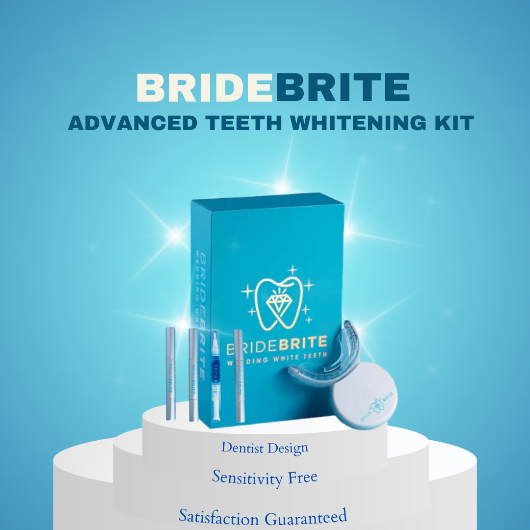 Bride Brite whitening kit contents: LED mouthpiece, whitening gel pens, desensitizing serum