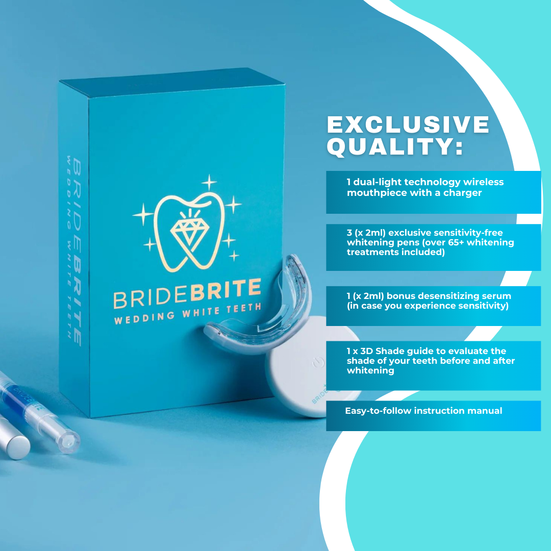Bride Brite Advanced LED Teeth Whitening Kit box with mouthpiece and gel pens