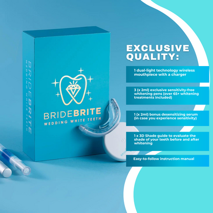 Bride Brite Advanced LED Teeth Whitening Kit box with mouthpiece and gel pens