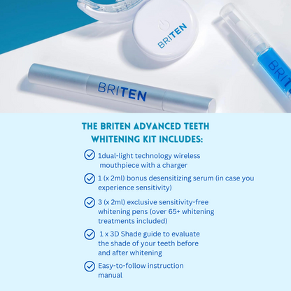 BRITEN whitening kit open showing LED mouthpiece and gel pens inside