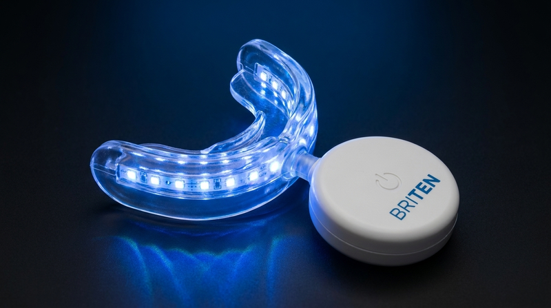 BRITEN LED whitening mouthpiece glowing blue on a black background