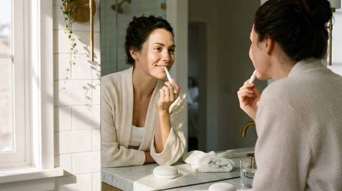 Person whitening their teeth with BRITEN during their morning routine in a sunlit bathroom